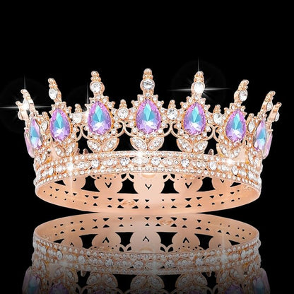 Queen Crown Rhinestone Wedding Crowns and Tiaras for Women Costume Party Hair Accessories Princess Birthday Crown Crystal Bridal Crown (Rose Gold & Violet Crown)