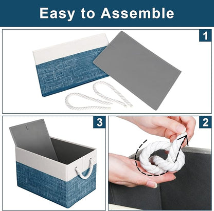 Fab totes Storage Bins [2-Pack], Foldable Storage Baskets for Organizing Toys, Books, Shelves, Closet, Large Storage Box with Rope Handles, Sturdy Organizer Bins, White & Blue