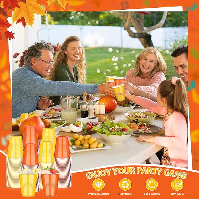 KesaPlan 100 PCS 12 OZ Thanksgiving Plastic Party Cups, Diaposable Yellow & Orange Cups, Fall Drinking Cup Bulk for Thanksgiving Easter Halloween Wedding Birthday Graduation Gathering Celebrations