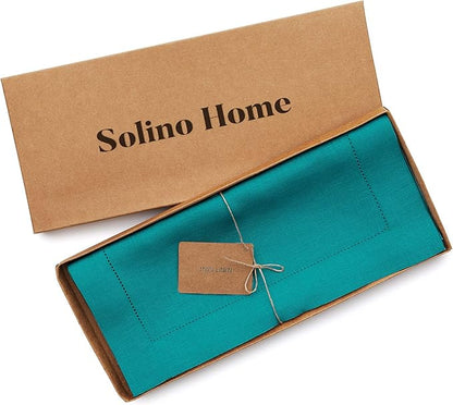 Solino Home Linen Teal Table Runner 72 Inches Long - 100% Pure Linen Hemstitch Table Runner 14 x 72 Inch for Dresser, Dining, Fall, Autumn, Christmas, New Year - Classic Hemstitch