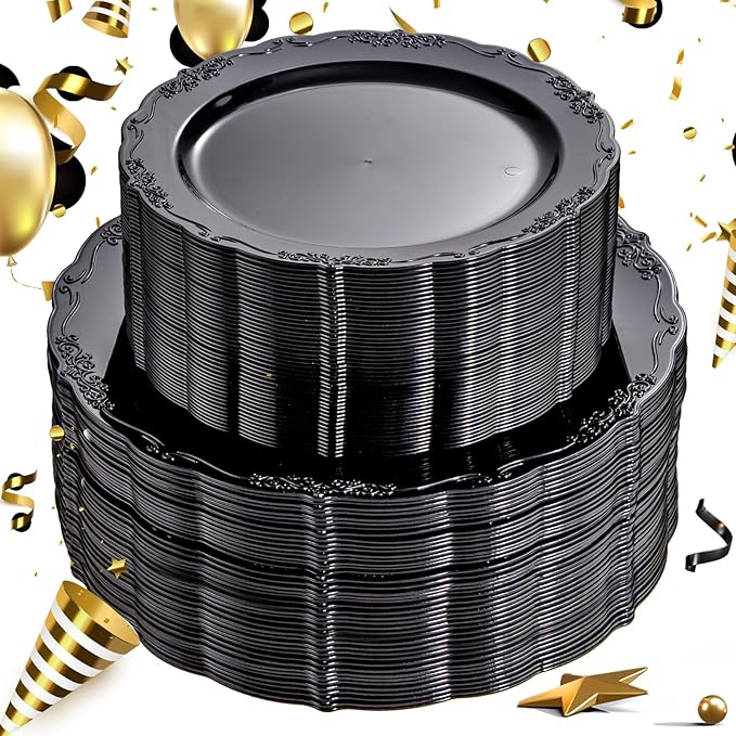 U-QE 100PCS Black Plastic Plates, Heavy Duty Black Disposable Plates Including 50PCS 10'' Dinner Plates & 50PCS 7.5'' Dessert Plate - Hard Plastic Plate for Party Wedding Bridal Shower