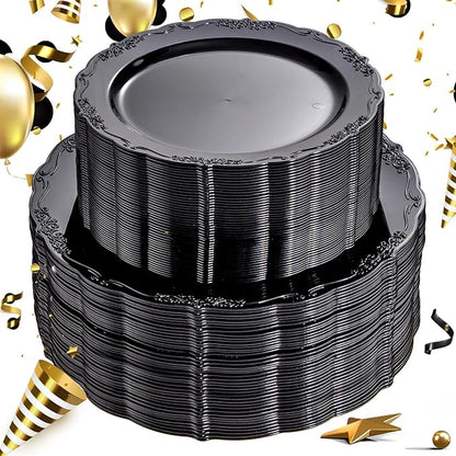 U-QE 100PCS Black Plastic Plates, Heavy Duty Black Disposable Plates Including 50PCS 10'' Dinner Plates & 50PCS 7.5'' Dessert Plate - Hard Plastic Plate for Party Wedding Bridal Shower