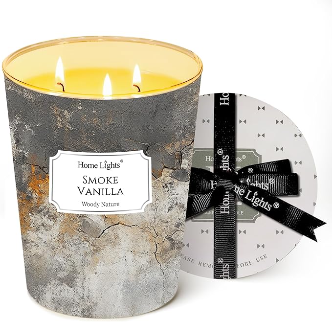 HomeLights Large jar Candle | 3-Wick Long-Lasting Scented Candles, 34oz Natural Soy Wax Candle for Home Scented, Industrial Chic Gifts for Women & Men, Smoke Vanilla