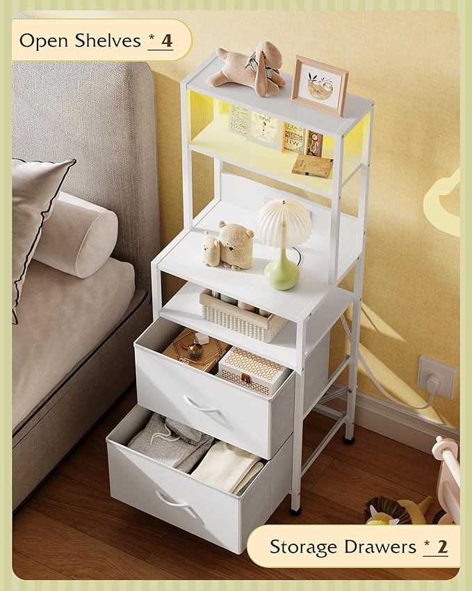 WLIVE Nightstand with Charging Station, LED Night Stand with 2 Fabric Drawers and 4 Storage Open Shelves, Bedside End Table for Bedroom, White