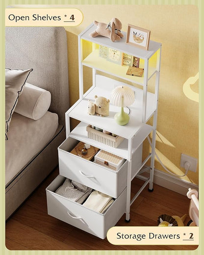 WLIVE Nightstand with Charging Station, LED Night Stand with 2 Fabric Drawers and 4 Storage Open Shelves, Bedside End Table for Bedroom, White