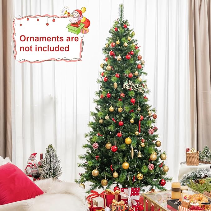 GOFLAME 8FT Pre-Lit Christmas Tree, Hinged Artificial Xmas Tree with Pine Needles, 1272 Branch Tips, 43 Clusters of Red Berries, 500 LED Lights, 9 Lighting Modes, 4 Brightness, Remote Control & Timer