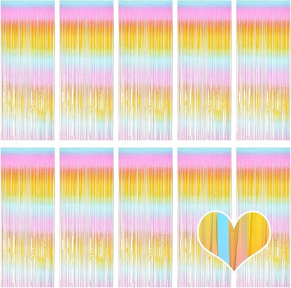 10 Pack Easter Foil Fringe Curtains 3.2ft x 8.2ft Rainbow Backdrop Curtains Photo Booth Background for Birthday Party Decoration Easter Decoration (Colorful)