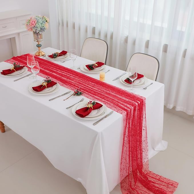 Snowkingdom 6 Pcs Red Glitter Table Runner 10 FT, Sheer Chiffon Sparkle Gauze Cheesecloth Mesh Runners 120 Inch, Red Table Centerpieces Decoration for Birthday Party Wedding Christmas Mothers Day