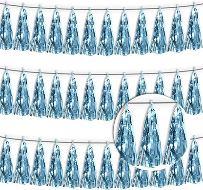 3P Light Blue Tassel Banner Garland Metallic Foil Fringe Banner Tinsel Tassels Streamer Banner Backdrop for Parade Floats, 2025 Graduation Decorations, Wedding Party Decoration