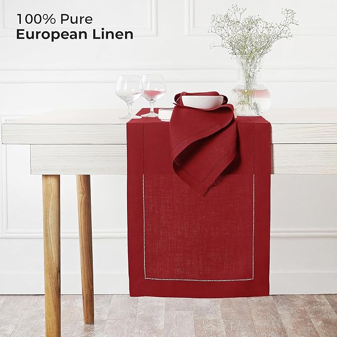 D'Moksha Homes Linen Red Table Runner 120 Inches Long - 100% Pure Linen Hemstitch 14 x 120 Inch Table Runner for Dining, Winter, Christmas, Holiday - Classic Hemstitch