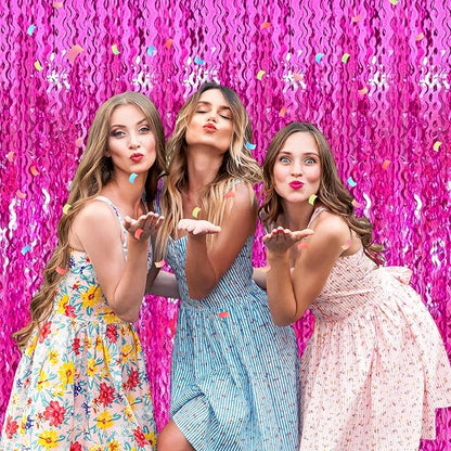 4 Pack Rose Red Fringe Curtain Backdrop 3.2Ft x 8.2Ft Metallic Tinsel Foil Fringe Streamers Background for Photo Booth Mother's Day, Easter, Carnival, Birthday, Wedding Party Decoration