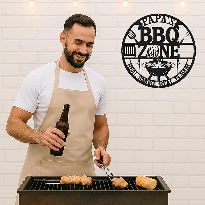 Personalized BBQ Grill Wall Sign, Custom Name Metal Cut Decor for Outdoor Patio, Rustic Backyard Kitchen Barbecue Art