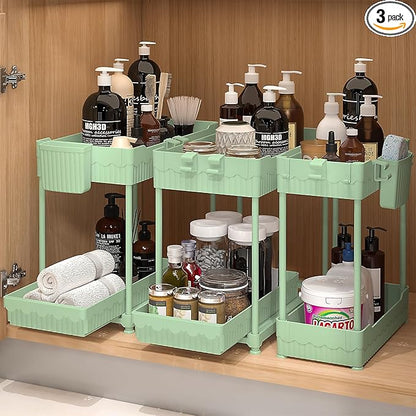 3 Pack Under Sink Organizers, 2-Tier Multi-Use Kitchen and Bathroom Organizers and Storage with Sliding Drawers, Bathroom Cabinet Organizer (Green, 14.8 Inch)