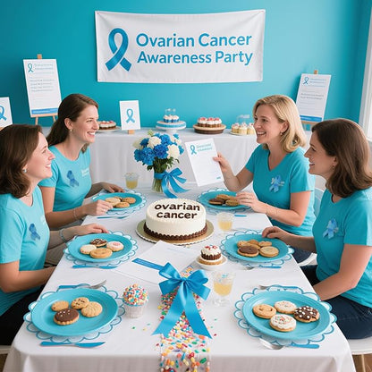 100 Pcs Ovarian Cancer Awareness Products 13.5" Scalloped Teal Ribbon Paper Placemats Disposable Sexual Assault Awareness Cervical Cancer Place Mats for Health Charity Public Social Event Supplies