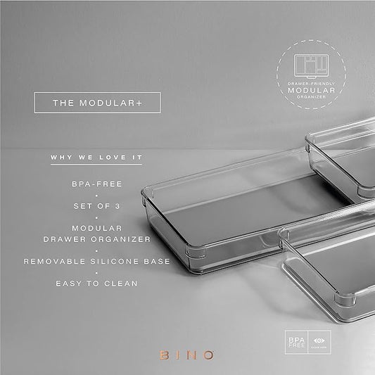 BINO | 3-Piece Drawer Organizer Bin Set - Grey, Large | THE MODULAR+ | Multi-Purpose Storage | Soft-Grip Lining and Non-Slip Rubber Feet | Durable | BPA-Free | Desk Drawer Organizer | Vanity Organizer