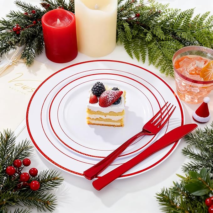 WELLIFE 350 Pcs Red Plastic Plates for 50 Guests - Plastic Dinnerware Set,Christmas Party Supplies Includes 100 Red Disposable Plates,150 Silverware,50 Napkins,50 Cups,Christmas plastic plates