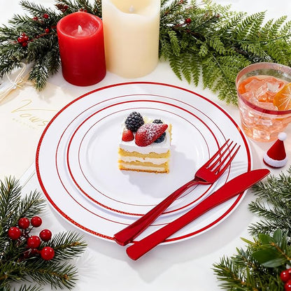 WELLIFE 350 Pcs Red Plastic Plates for 50 Guests - Plastic Dinnerware Set,Christmas Party Supplies Includes 100 Red Disposable Plates,150 Silverware,50 Napkins,50 Cups,Christmas plastic plates
