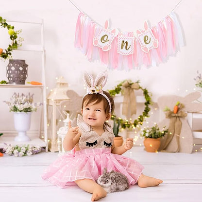Pink Bunny One High Chair Banner - Some Bunny Is One Banner, Easter Bunny 1st Birthday Highchair Banner, Bunny Princess 1st Birthday Decorations, Pink Ribbon High Chair Garland (Bunny Banner One)