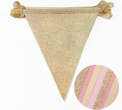 Champagne Gold Dusty Rose Pink Beige Party Pennant Banner Flag Hanging Glitter Paper Triangle Bunting for Women Girls Birthday Baby Shower Wedding Bridal Shower Holiday Party Decorations Supplies