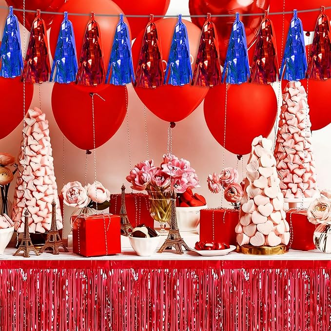3P Blue Red Tassel Banner Garland Metallic Foil Fringe Banner Tinsel Tassels Streamer Banner Backdrop for Parade Floats, Graduation, Independence Day, 4th of july, Patriotic Themed Party Decoration