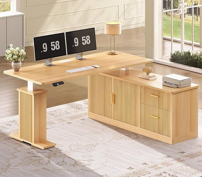 SEDETA L Shaped Electric Standing Desk, 55 inch Height Adjustable Office Executive Desk with Storage Drawers, Fluted Sit Stand Corner Computer Desk with Power Outlets for Home Office, Oak
