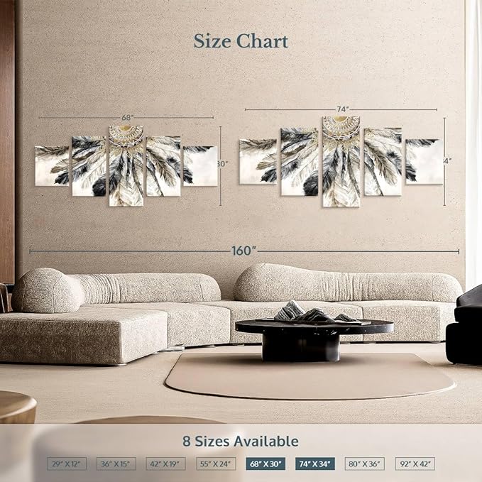 ElephantStock - Necklace Of Feathers Iii Wall Art - Horizontal Multi Panel Canvas - 5 Piece Living Room Wall Decor - Painting Multi Piece Wall Art - Brown And Gray Decor by Eva Watts - 74" x 34"