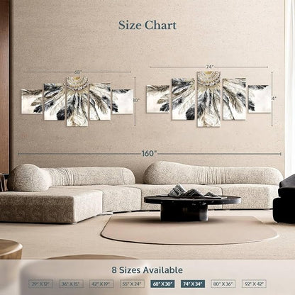 ElephantStock - Necklace Of Feathers Iii Wall Art - Horizontal Multi Panel Canvas - 5 Piece Living Room Wall Decor - Painting Multi Piece Wall Art - Brown And Gray Decor by Eva Watts - 74" x 34"