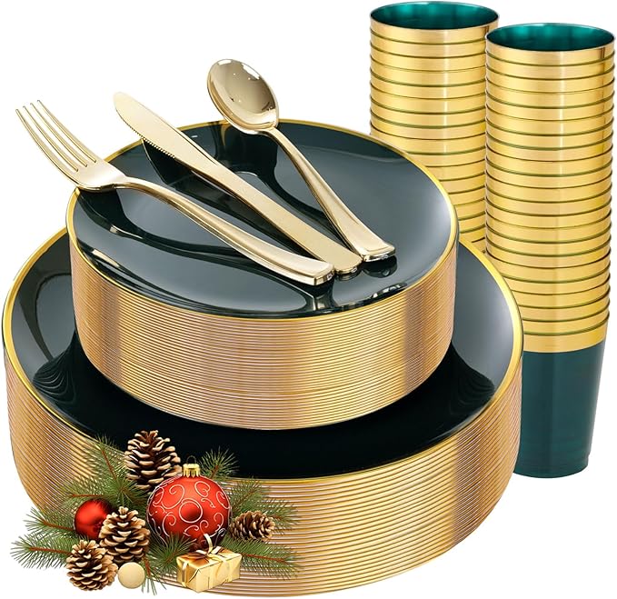 LIYH 180 Pcs Green and Gold Plastic Christmas Plates - Disposable Christmas Dinnerware sets, Green Dinner Dessert Plates, Gold Plastic Silverware Cups for Holiday, Party