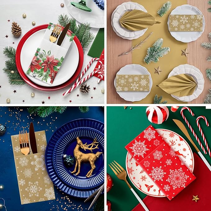 PAW - Christmas Linen Feel Napkins with Built-in Flatware Pocket, Gold Absorbent Pre-Folded Dinner Napkins with Snowlakes, Guest Towels for Xmas Dinner, Winter Holiday, Decorative Towel, 50 Count