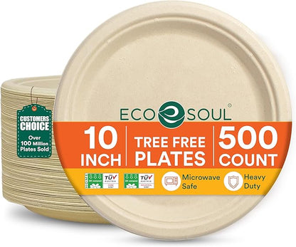 ECO SOUL 100% Compostable Paper Plates 10 Inch [500-Pack] Biodegradable Heavy Duty Eco-Friendly Disposable Plates for Thanksgiving Dinner, Parties, Wedding & Event