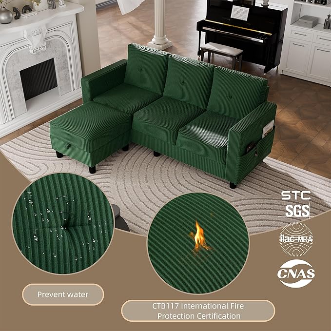 JAMFLY Convertible Sectional Couches for Living Room, L-Shaped Couch 3 Seat Sectional Sofa Set with Polyester Fabric and Movable Ottoman Small Couch for Apartments, Office,Green