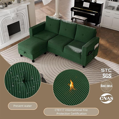 JAMFLY Convertible Sectional Couches for Living Room, L-Shaped Couch 3 Seat Sectional Sofa Set with Polyester Fabric and Movable Ottoman Small Couch for Apartments, Office,Green