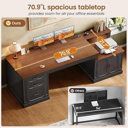 SEDETA Farmhouse 70.9" Executive Desk, Home Office Desk with File Drawers and Storage Cabinet, Computer Desk with Power Outlet for Home Office, Work Study Writing, Black
