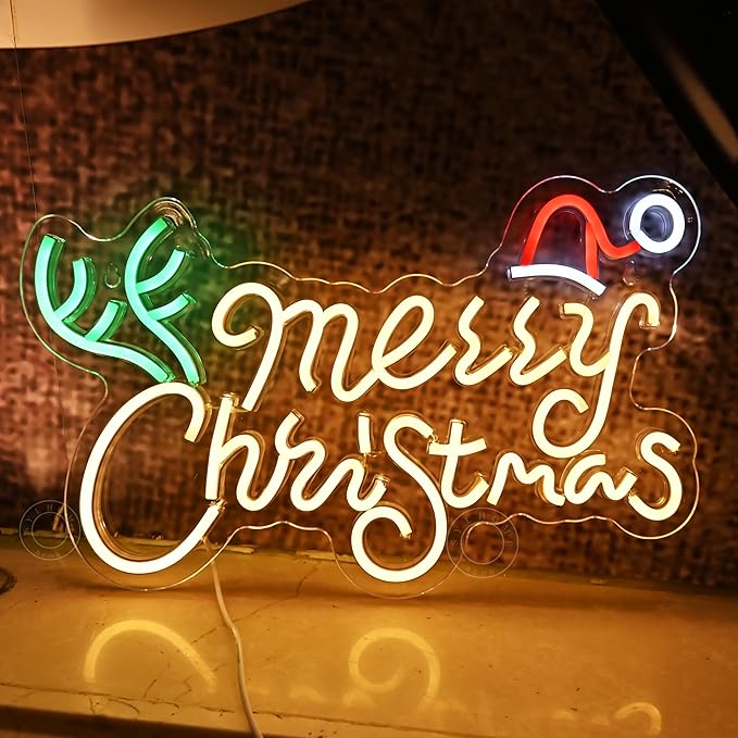 SYLHOME Merry Christmas Led Neon Light Sign Santa Hat Christmas Tree Party Home Bedroom Wall Sign Decor Backdrop Xmas Decor 15.75" X 9.8" USB Warm White