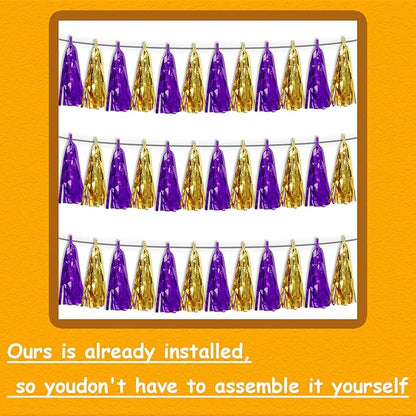 3P Purple Gold Tassel Banner Garland Foil Fringe Tinsel Streamer Banner Backdrop for Parade Floats, Wall Hanging Curtain Parade Floats, Graduation Decorations, Wedding Party Decoration
