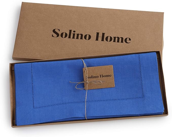 Solino Home Linen Royal Blue Table Runner 90 Inches Long - 100% Pure Linen 14 x 90 Inch Table Runner for Christmas, New Year - Classic Hemstitch