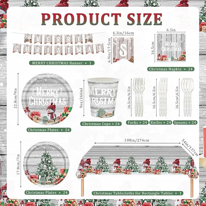 Christmas Plates Disposable Party Set, 170 Pcs MERRY CHRISTMAS Banner Tablecloths Plates Paper Napkins Cups Plastic Knifes Forks Spoons for Christmas Dinner Christmas Party Decorations Supplies