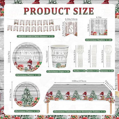 Christmas Plates Disposable Party Set, 170 Pcs MERRY CHRISTMAS Banner Tablecloths Plates Paper Napkins Cups Plastic Knifes Forks Spoons for Christmas Dinner Christmas Party Decorations Supplies