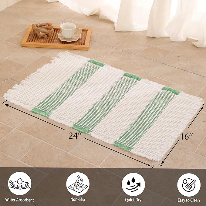 Waffle Bath Mat Non Slip, Boho Bathroom Rug, Super Absorbent Quick Dry Bathroom Mat, Soft Farmhouse Bath Rug with Tassels, Small Washable Shower Mats for Floor 16"x24", White and Green