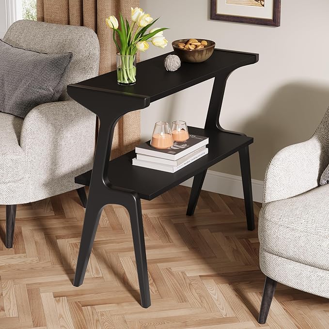 Tribesigns Solid Wood End Table, Modern Side Table for Couch, 2-Tier Narrow Tall End Table, Long Bedside Table for Living Room, Bedroom, Black