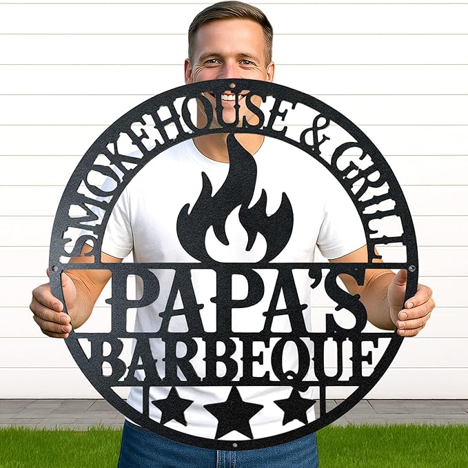 Custom BBQ Metal Sign, Personalized Name Grill Sign for Outdoor Kitchen, Rustic Cut Metal Wall Decor, Backyard Barbecue Gift