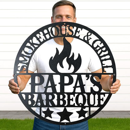 Custom BBQ Metal Sign, Personalized Name Grill Sign for Outdoor Kitchen, Rustic Cut Metal Wall Decor, Backyard Barbecue Gift
