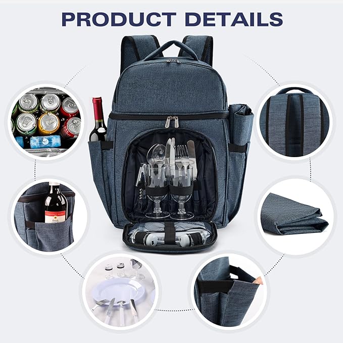 Picnic Backpack & Accessories - Picnic Set for 2 Person with 2 Insulated Cooler Compartment, Lightweight Blanket and Cutlery Set, Perfect for Wedding Gifts for Couples and Bridal Shower Gifts