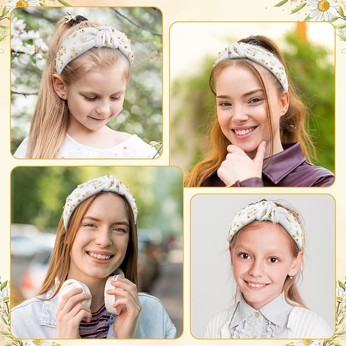 PANTIDE Daisy Jeweled Knotted Headband - Rhinestone Crystal Beads Embellished Headband Wide Top Knot Fashion Hairband Hair Accessories Spring Summer Birthday Holiday Gift for Women Girls (White)