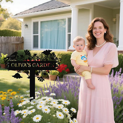 Personalized Garden Sign– Custom Metal Yard Stake with Bird & Butterfly Design, Outdoor Name Plaque for Lawn, Pathway, Flower Bed, Weatherproof Garden Decor, Gift for Gardeners & Housewarming