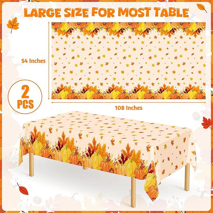 QZYL 2 Pack Thanksgiving Tablecloths, 54" x 108" Friendsgiving Plastic Tablecloth, Rectangle Disposable Tablecover Pumpkin Tablecloth, Thanksgiving Decorations Fall Table Decor Party Supplies