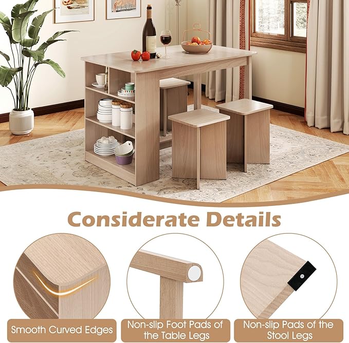 Giantex 5-Pieces Dining Table Set for 4, Kitchen Table Set with Side Storage Shelf, 4 Square Stools, Space-Saving Dining Furniture for Dinner, Dinette, Living Room, Apartment, Restaurant (Natural)