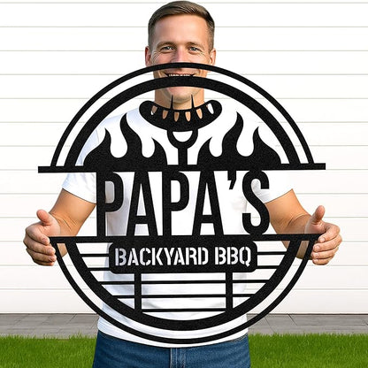 Personalized BBQ Terrace Metal Sign, Custom Grill Cut Name Wall Art for Outdoor Dining Area, Rustic Backyard Decor