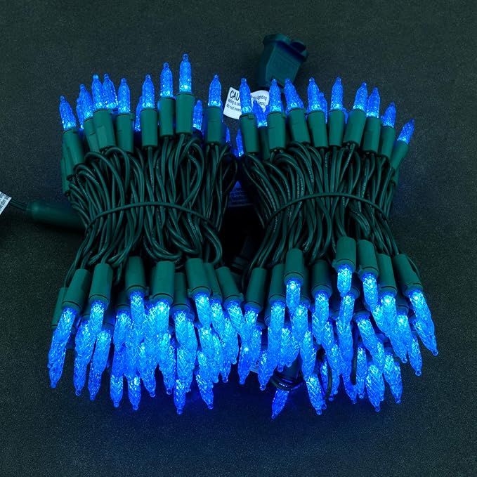 YULETIME Blue Faceted LED Christmas Lights 200 Count 50 ft, Pack of 2 Strands 25 ft 100 Lights UL Certified Commercial Grade Green Wire Holiday String Light Set (Blue)
