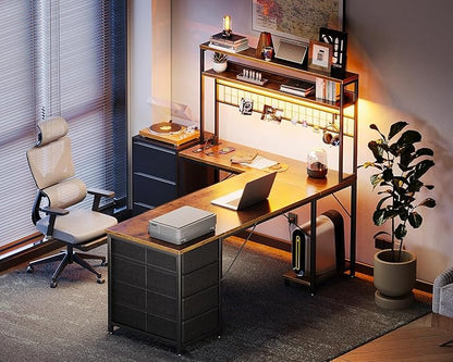 AODK L Shaped Desk Gaming Desk with LED Light & Power Outlet, 59 Inch Reversible L Shaped Computer Table with 4 Drawers for Home Office, Vintage